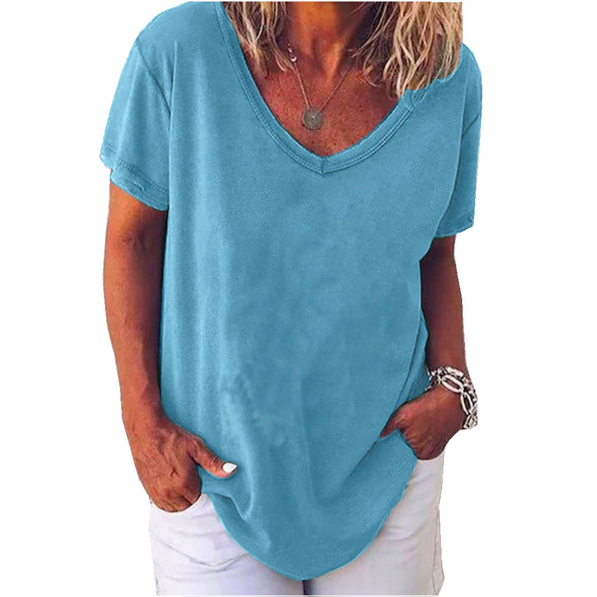 Women's Summer Short Sleeve V-Neck Solid Color Plus Size T-Shirt