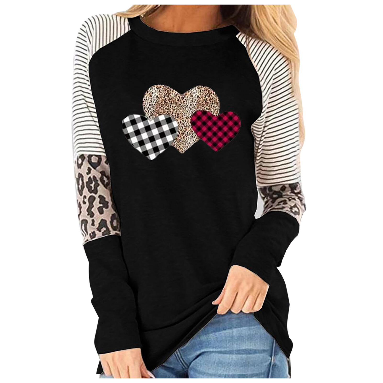 Women's Heart Print Long Sleeve Crewneck Loose Casual T-Shirt