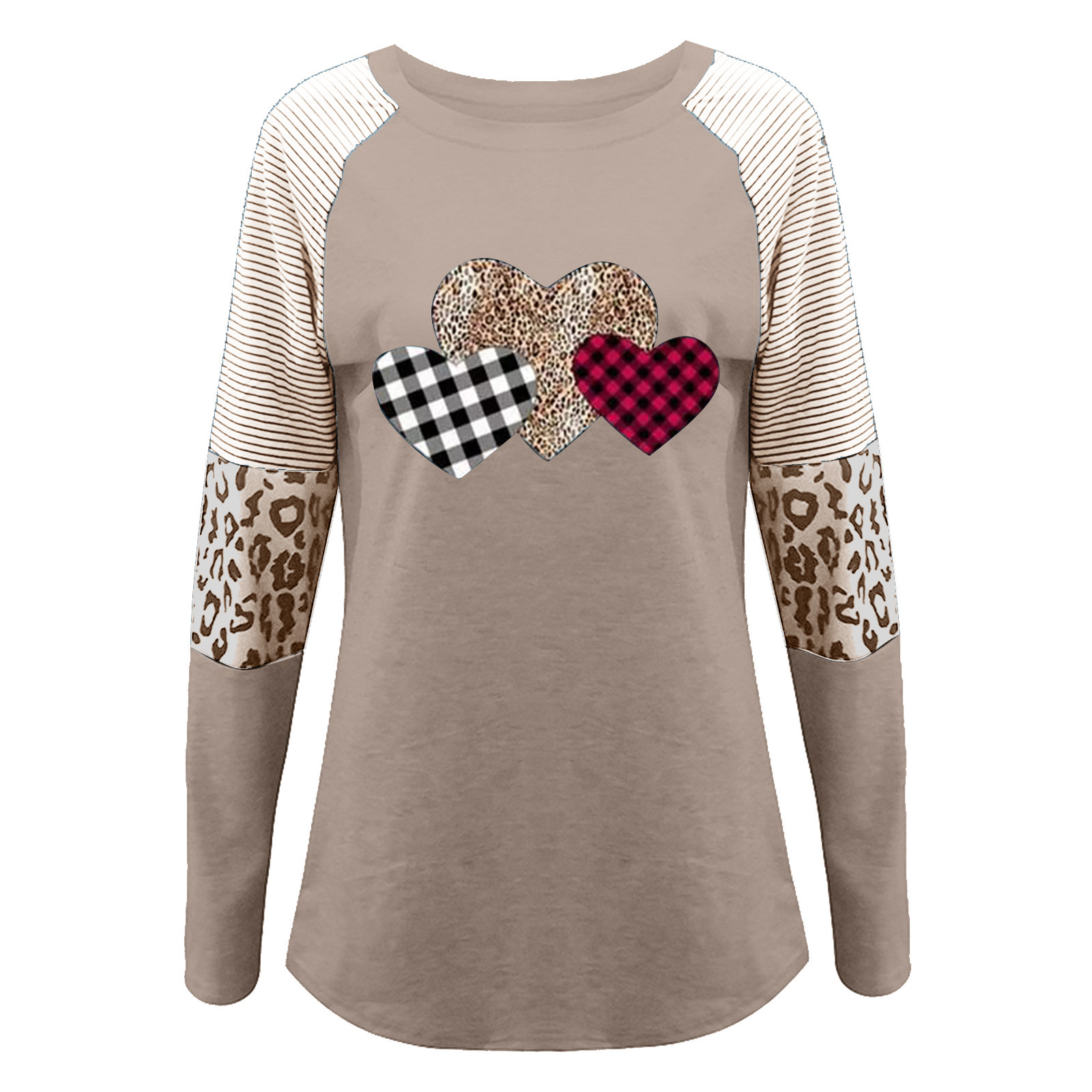 Women's Heart Print Long Sleeve Crewneck Loose Casual T-Shirt