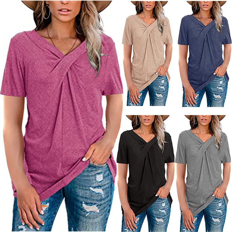 V-Neck Twist-Front Short-Sleeve Casual T-Shirt for Women