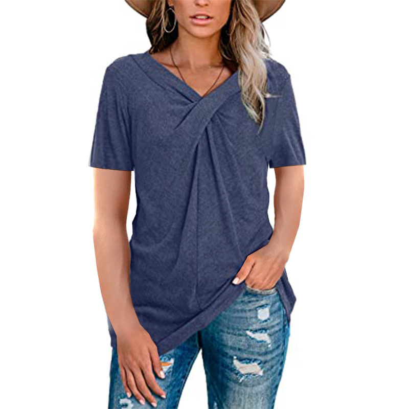 V-Neck Twist-Front Short-Sleeve Casual T-Shirt for Women