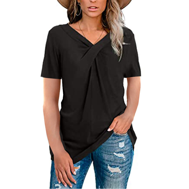 V-Neck Twist-Front Short-Sleeve Casual T-Shirt for Women