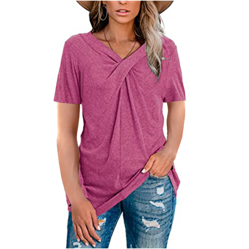 V-Neck Twist-Front Short-Sleeve Casual T-Shirt for Women