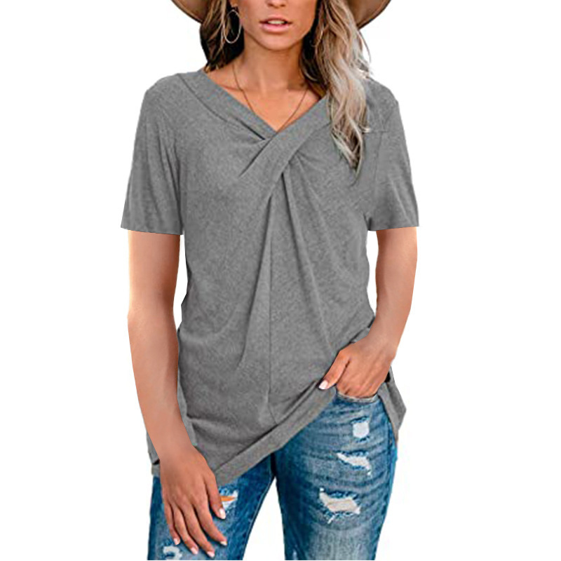 V-Neck Twist-Front Short-Sleeve Casual T-Shirt for Women
