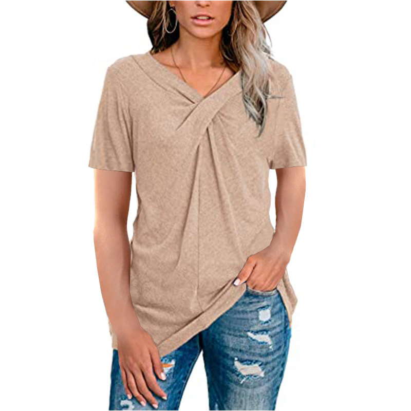 V-Neck Twist-Front Short-Sleeve Casual T-Shirt for Women