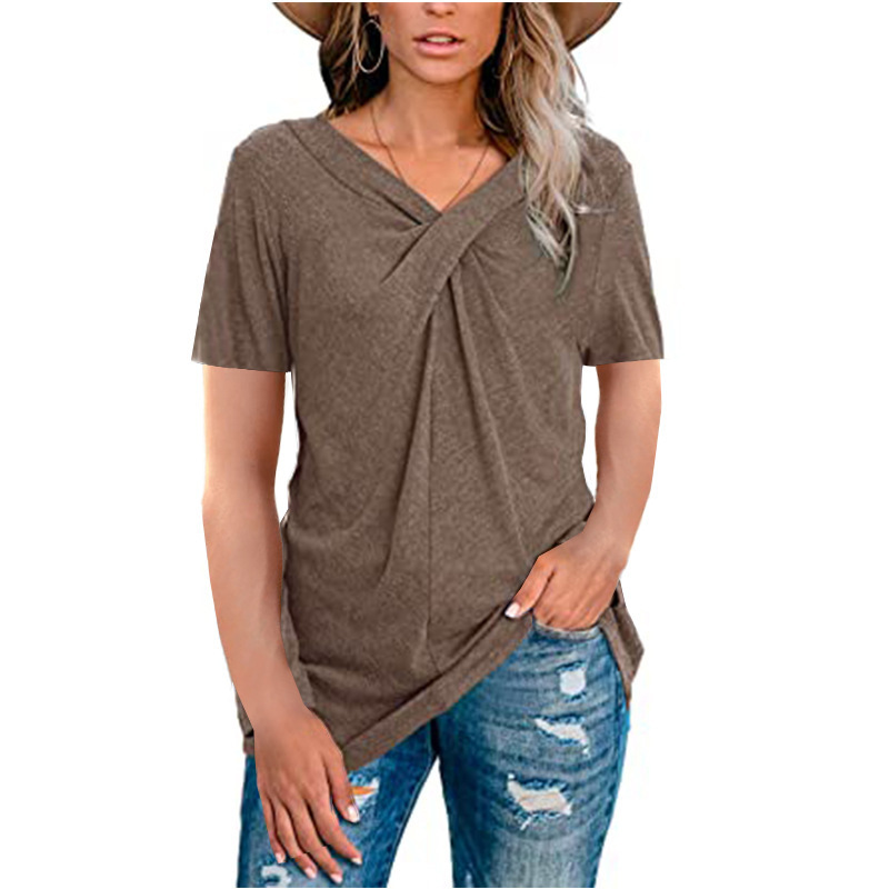 V-Neck Twist-Front Short-Sleeve Casual T-Shirt for Women