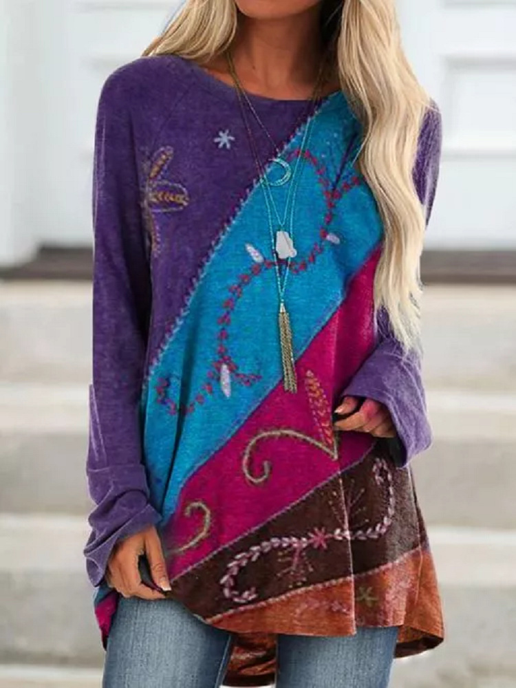 Women's Loose Crewneck Digital Print Long Sleeve Top