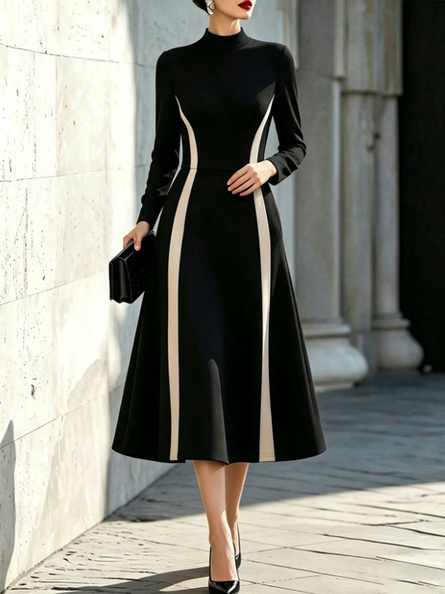Elegant French-Style Women's Waist-Cinching Midi Dress with Long Sleeves