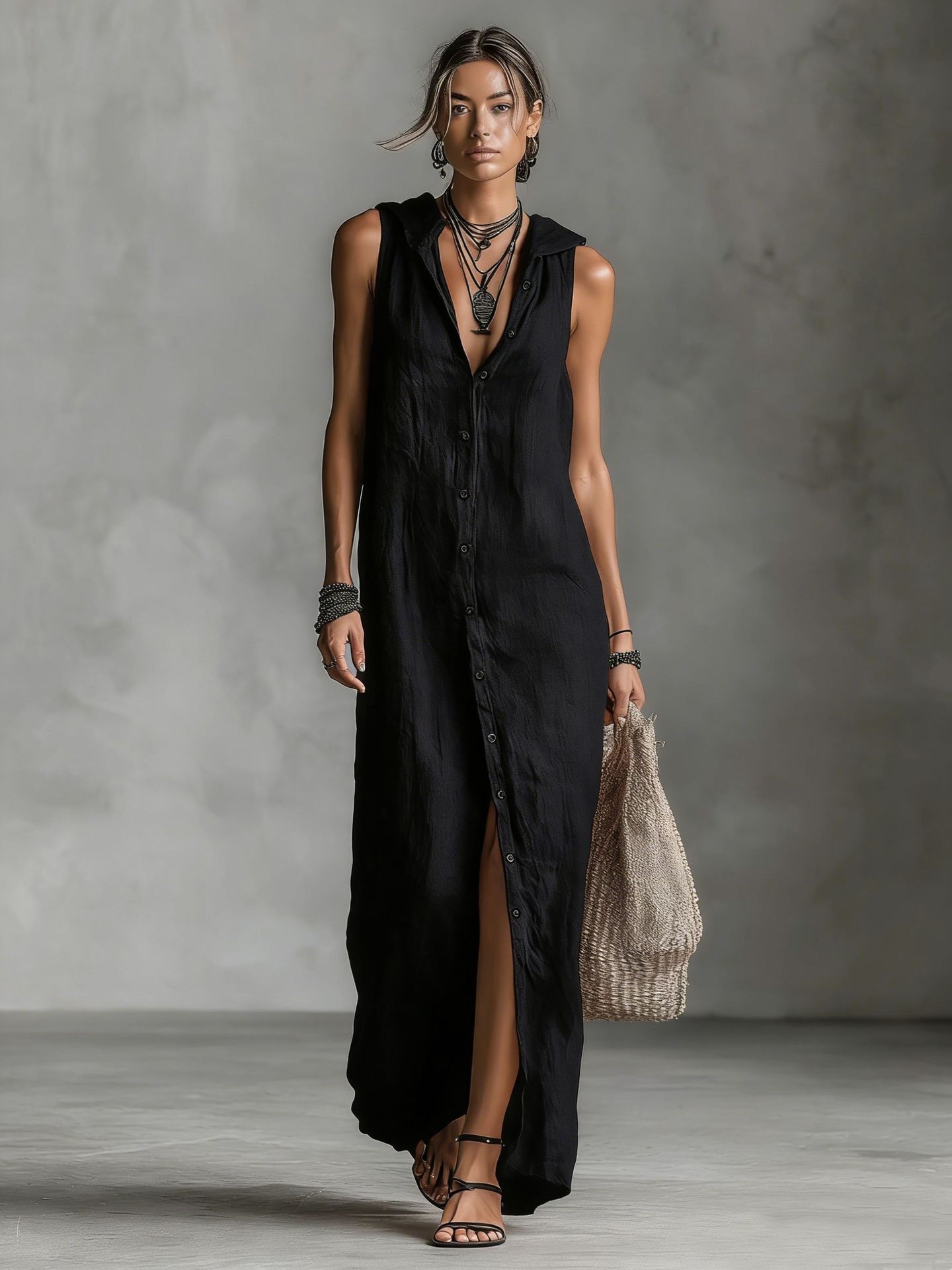 Button-Front Sleeveless Hooded Maxi Dress
