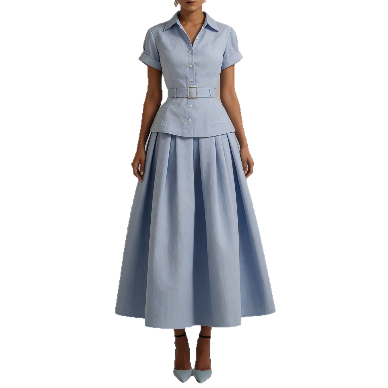 Women's Pleated Two-Piece Skirt Set with Lapel Collar