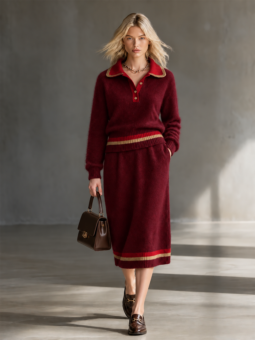 Navy Blue Lape Half Button Contrast Stripes Knit Sweater Two Piece Midi Skirt Set