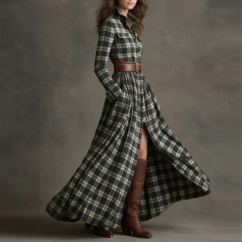 Artistic Retro Plaid Long Dress with Pockets