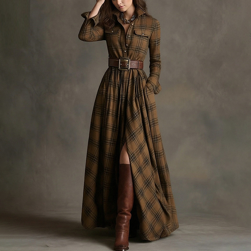 Women's Retro Plaid A-Line Long Sleeve Midi Dress with Irregular Hem
