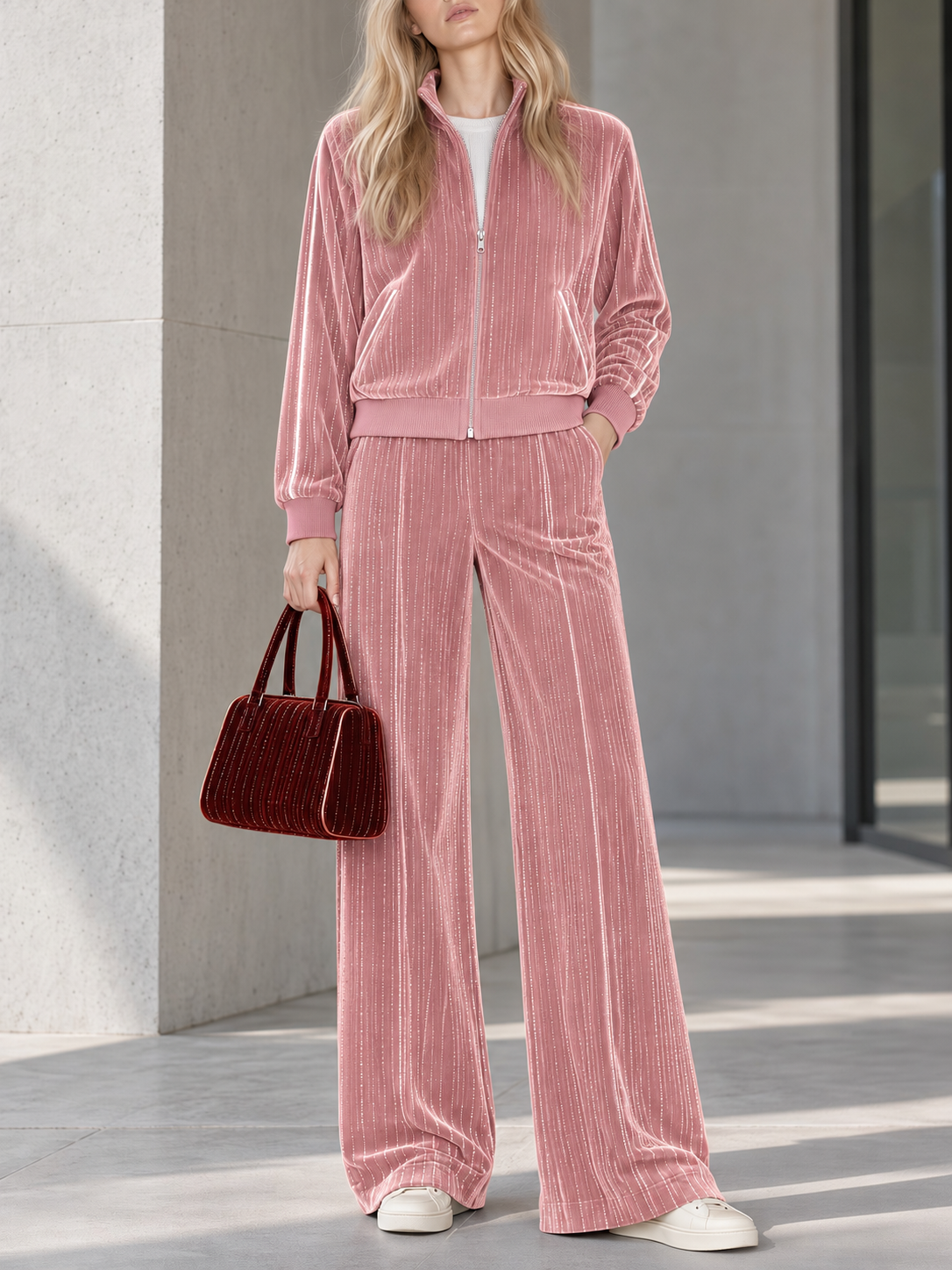 Burgundy Metallic-thread Velvet Zip-up Jacket And Wide-leg Trousers Set