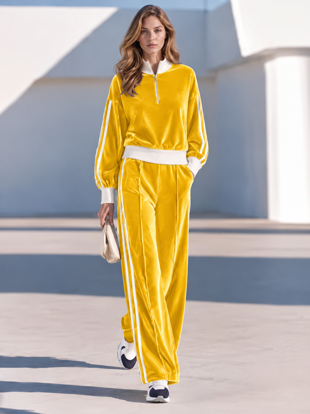 Navy Blue Color-block Velvet Half-zip Top And Wide-leg Trousers Lounge Set