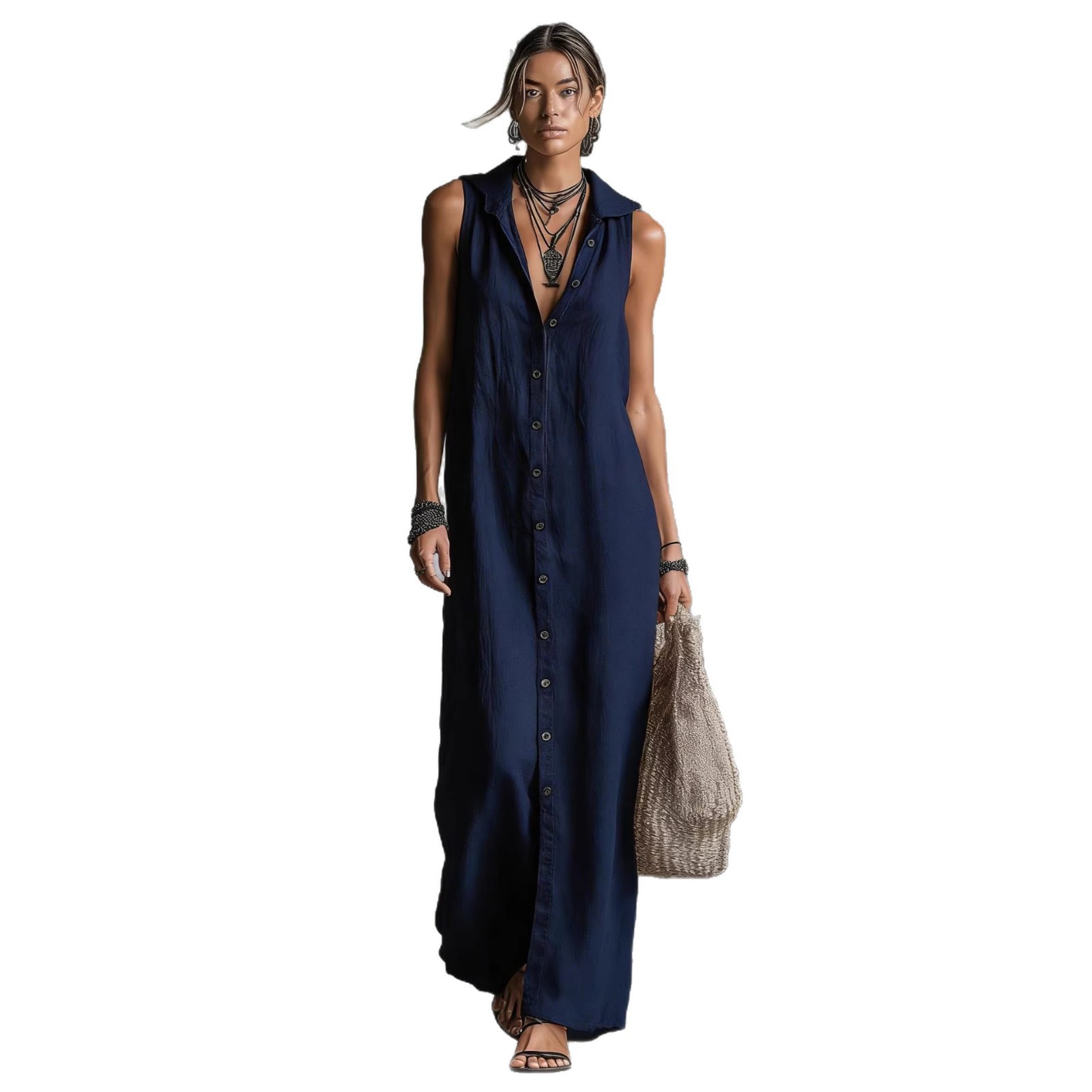 Button-Front Sleeveless Hooded Maxi Dress