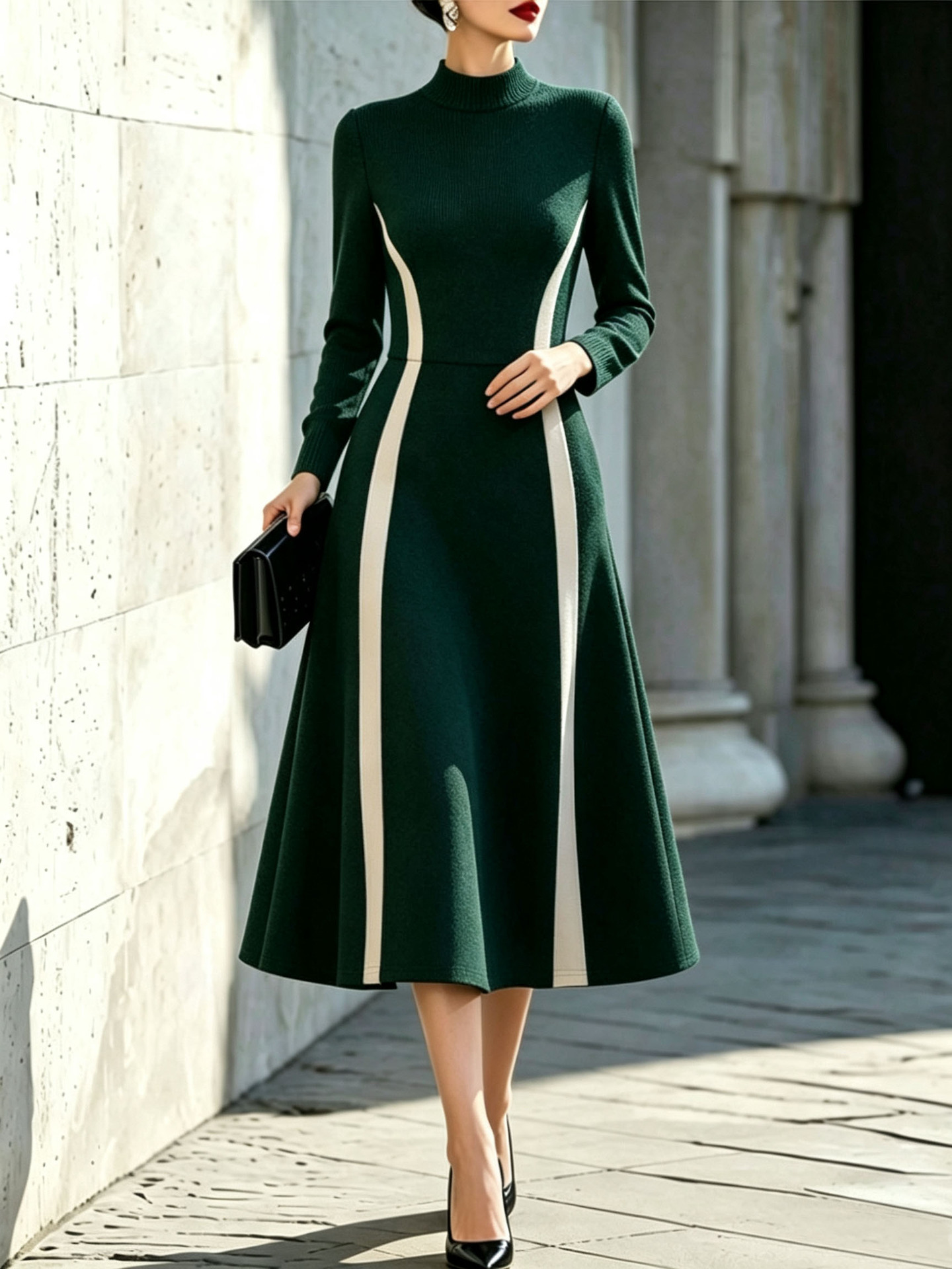 Elegant French-Style Women's Waist-Cinching Midi Dress with Long Sleeves