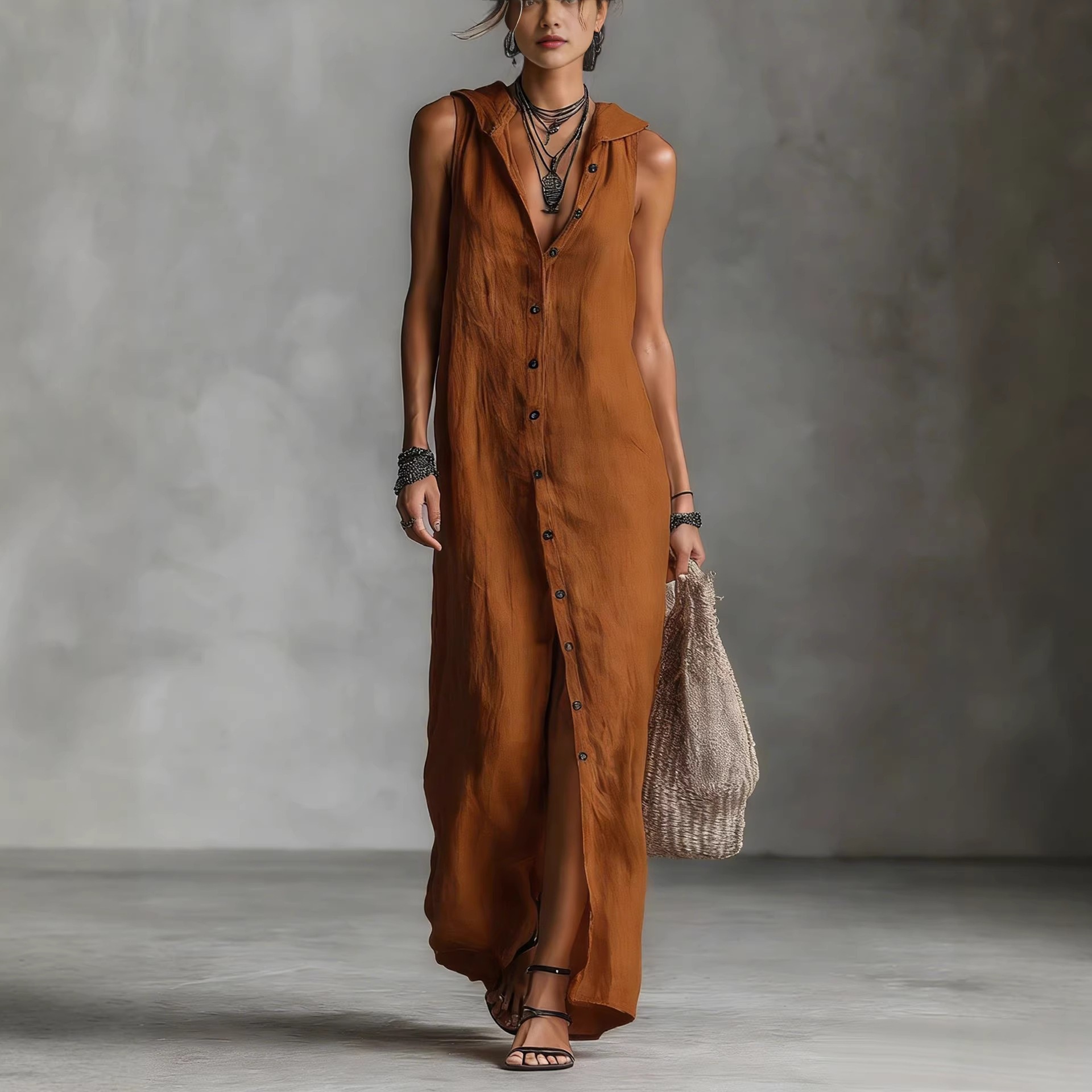 Button-Front Sleeveless Hooded Maxi Dress