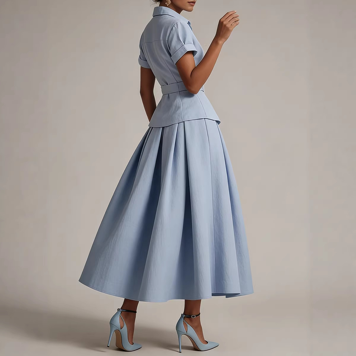 Women's Pleated Two-Piece Skirt Set with Lapel Collar