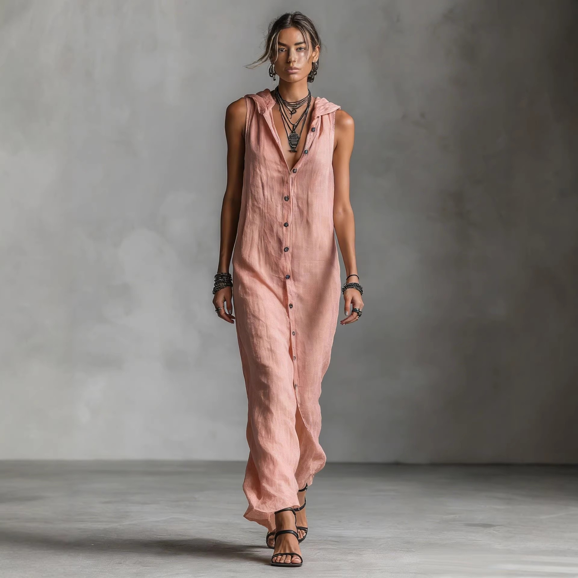 Button-Front Sleeveless Hooded Maxi Dress
