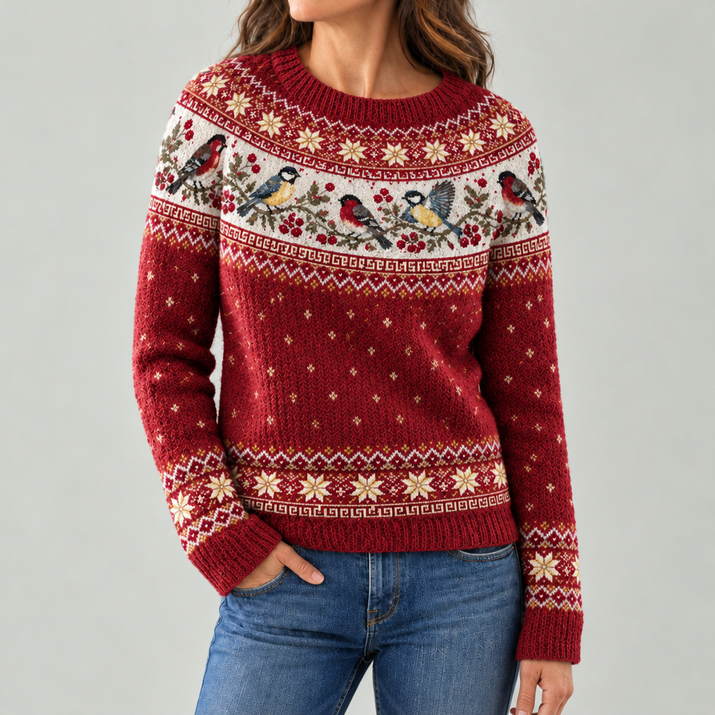 Women's Vintage-style Christmas Robin-pattern Crew-neck Sweater