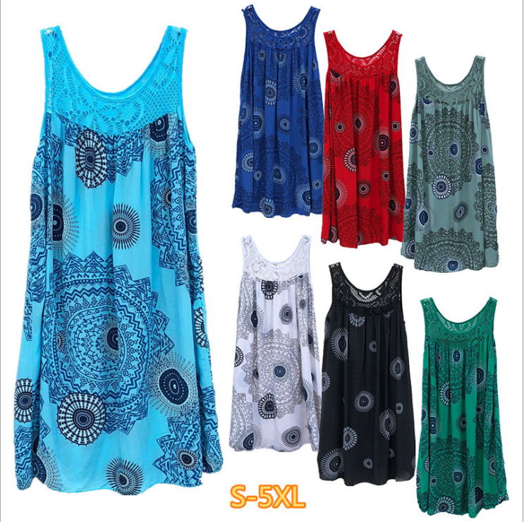 Lace Panel Print Sleeveless A-Line Dress