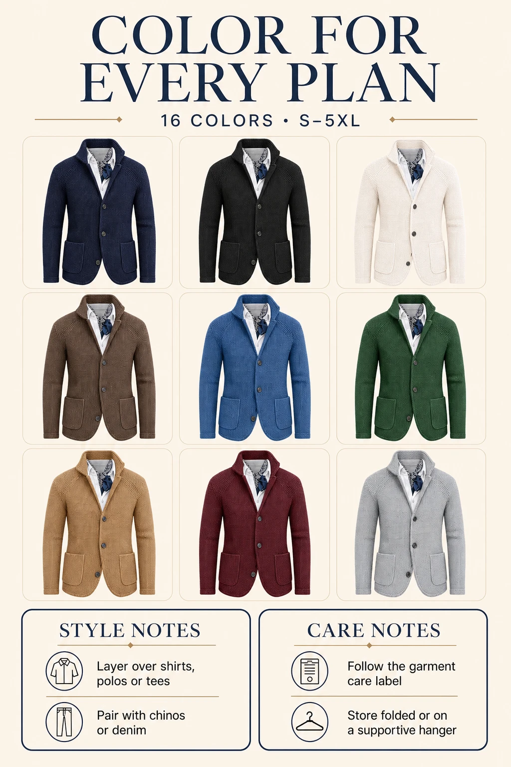 Nine representative jacket colors with factual styling and garment care notes