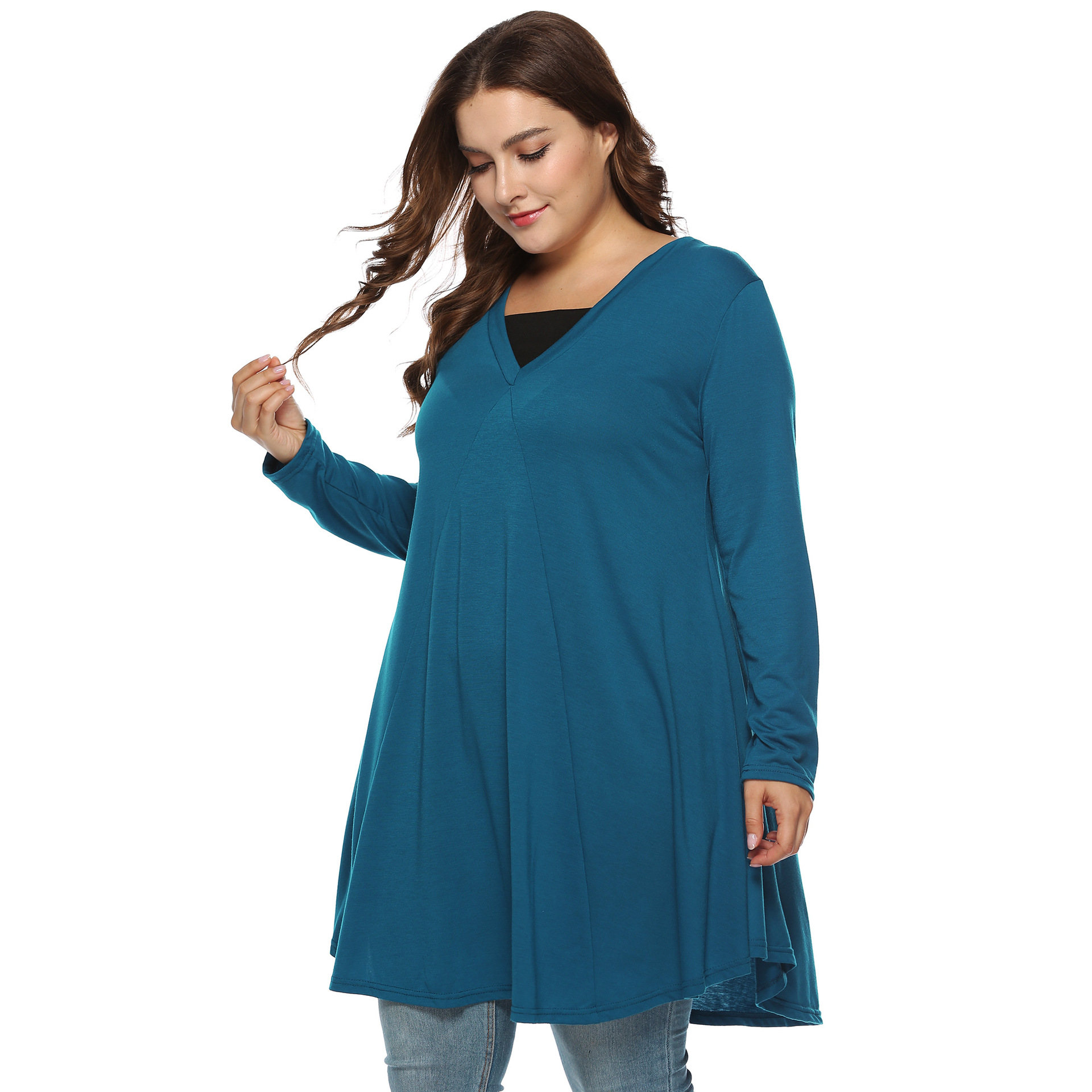 V-Neck Long Sleeve Asymmetric Faux Two-Piece Dress Plus Size