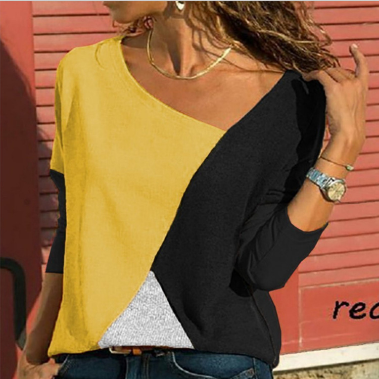 Colorblock Crewneck Long Sleeve Casual T-Shirt Women's Top