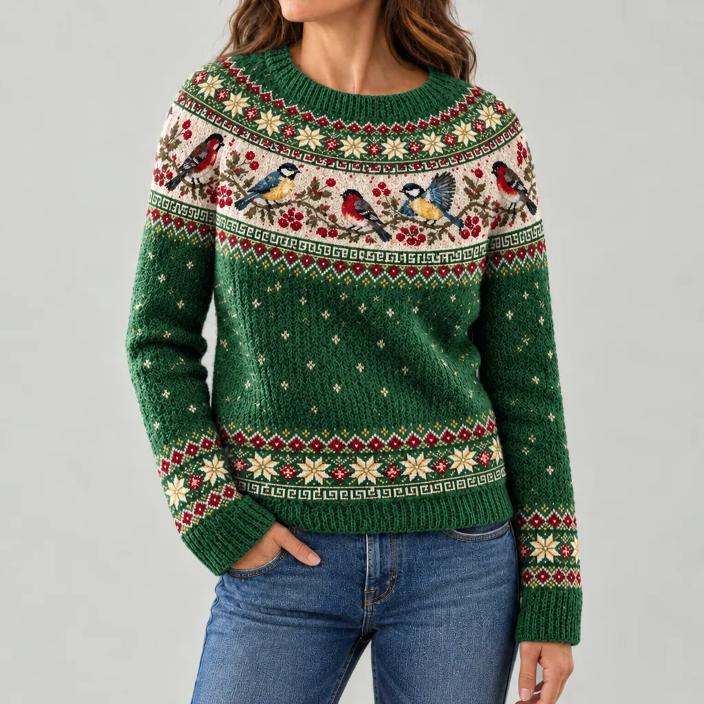 Women's Vintage-style Christmas Robin-pattern Crew-neck Sweater