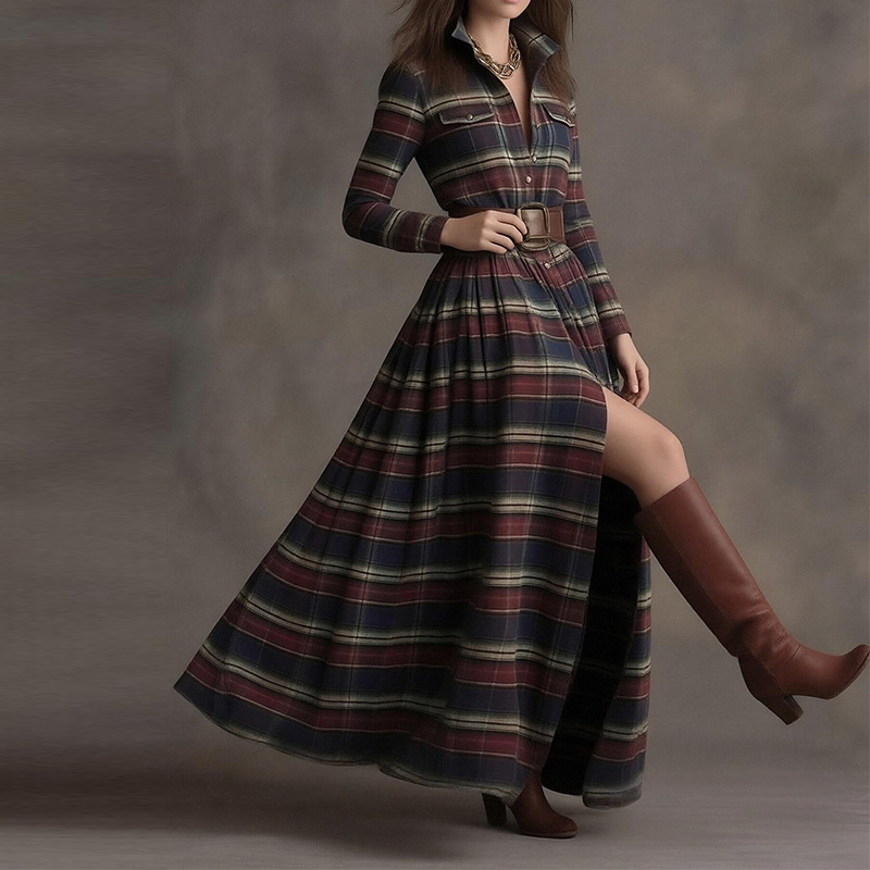 Artistic Retro Plaid Long Dress with Pockets