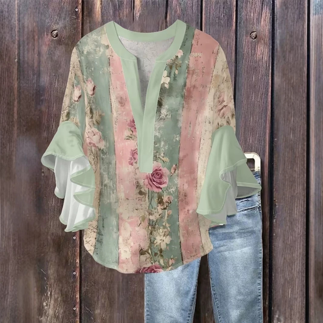 Floral Print V-Neck Rolled Sleeve Casual Women's T-Shirt