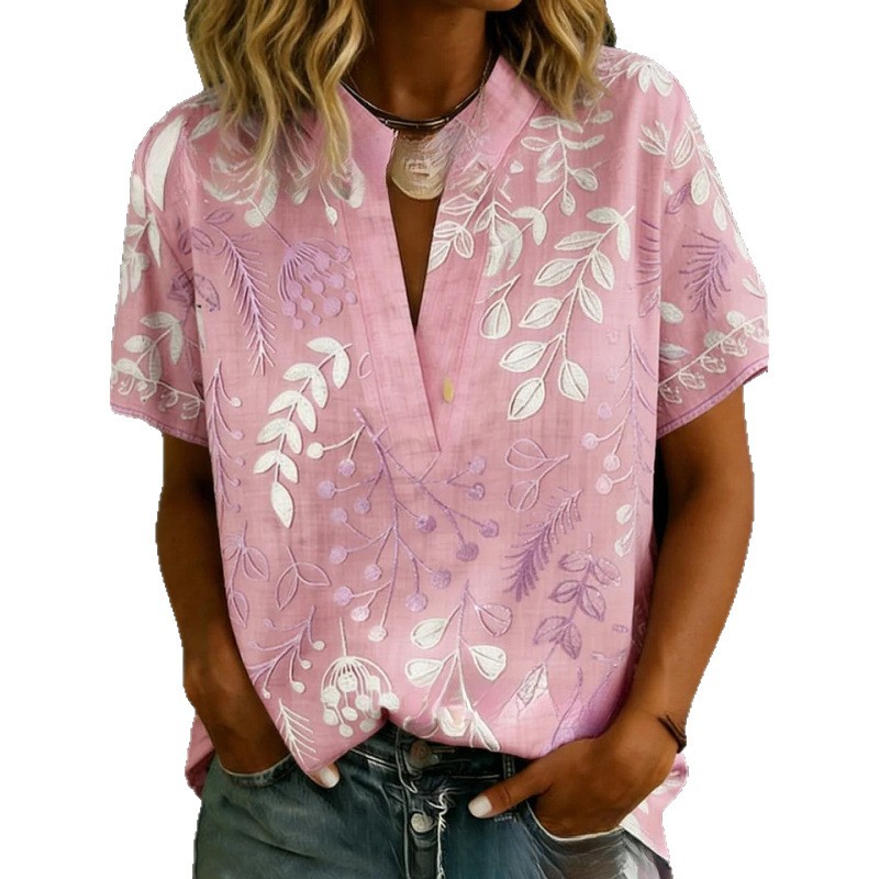Floral Leaf Print Short Sleeve Button-Up Top