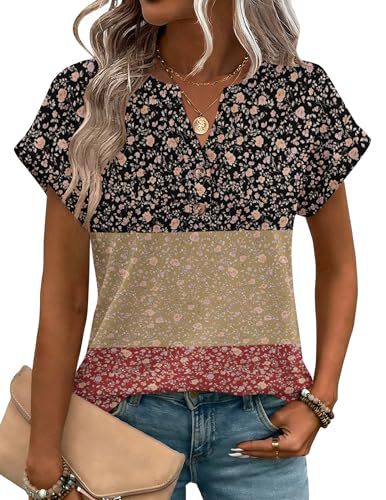 Women's Heart Floral Print V-Neck Short Sleeve T-Shirt