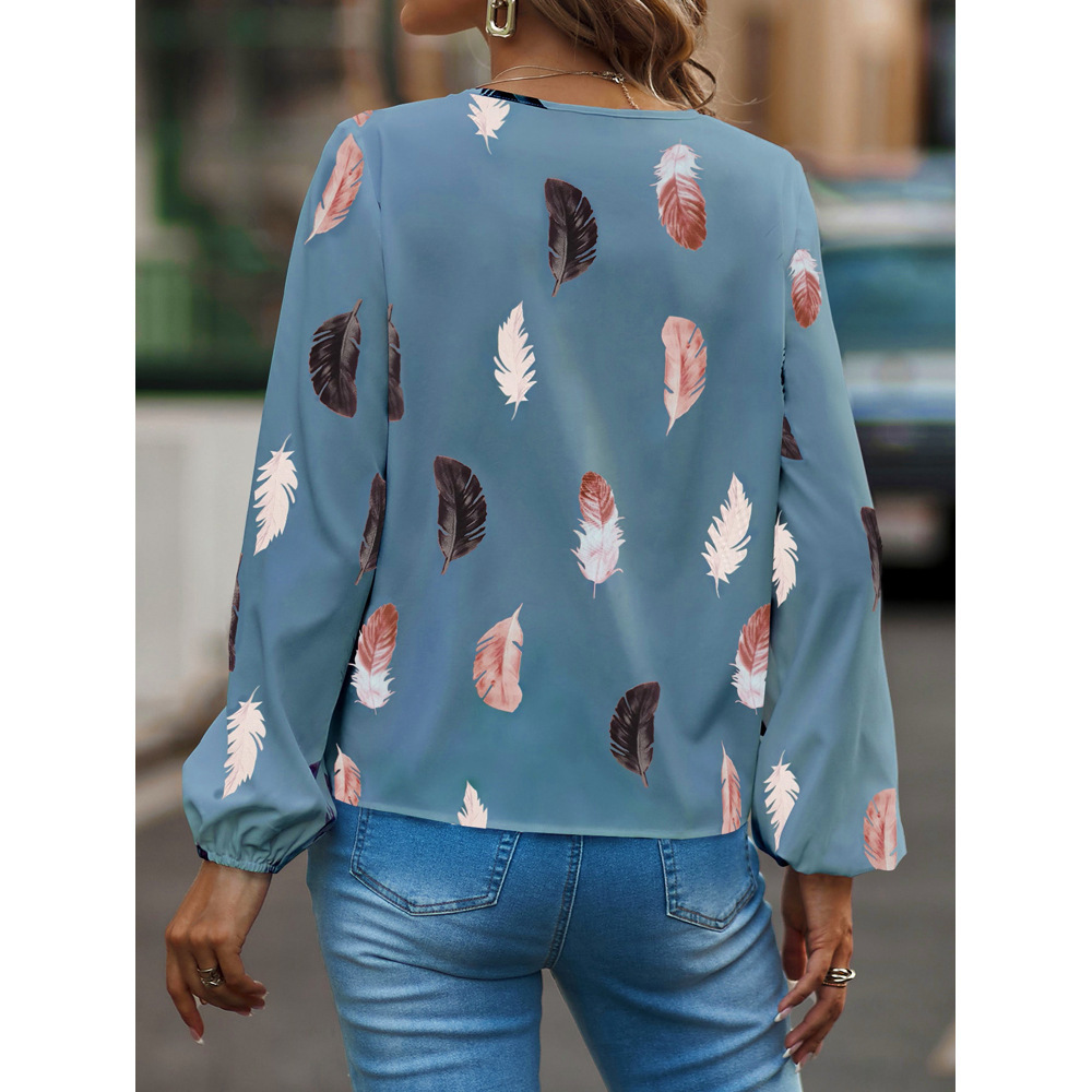 Women's V-Neck Feather Print Long Sleeve Loose T-Shirt Top