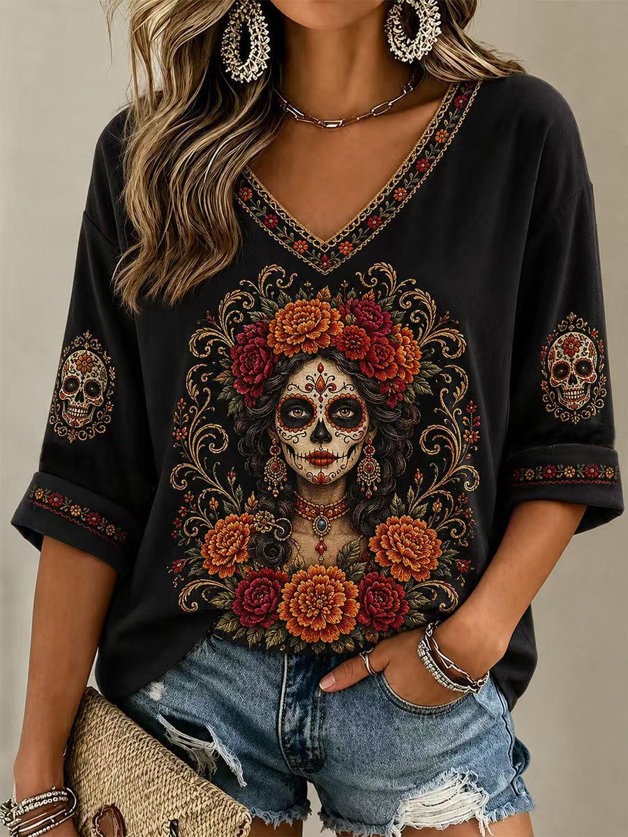 Halloween Ghost Print V-Neck Half-Sleeve Women's T-Shirt