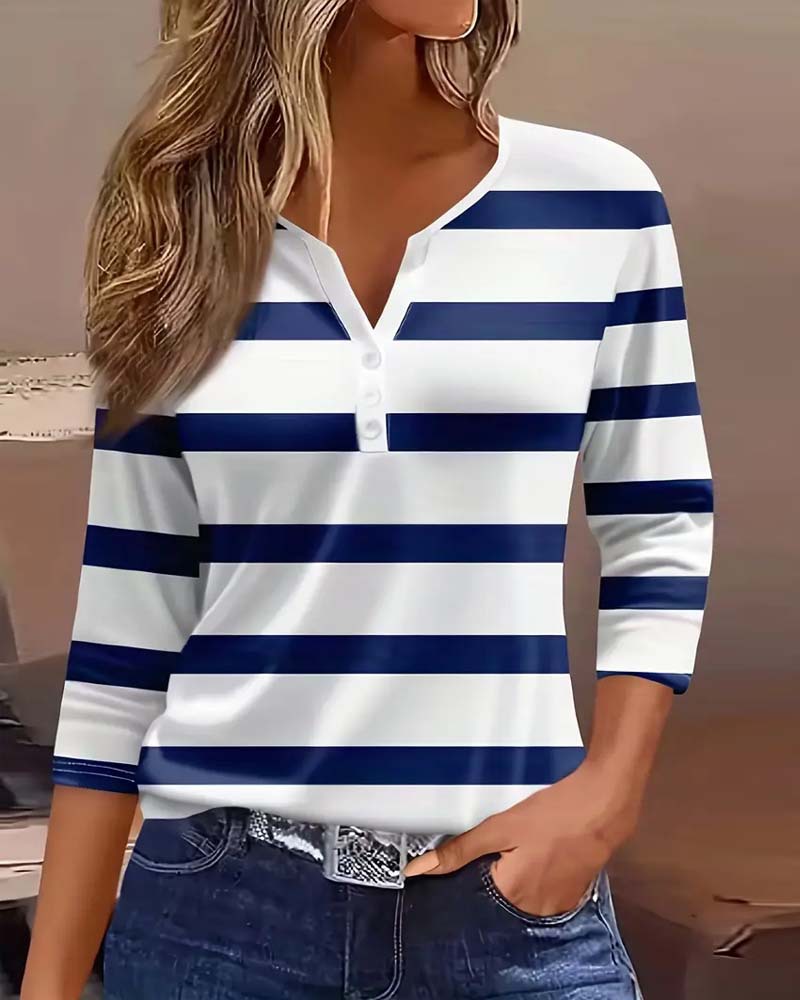 Women's Striped V-Neck Button Top Casual Long Sleeve T-Shirt