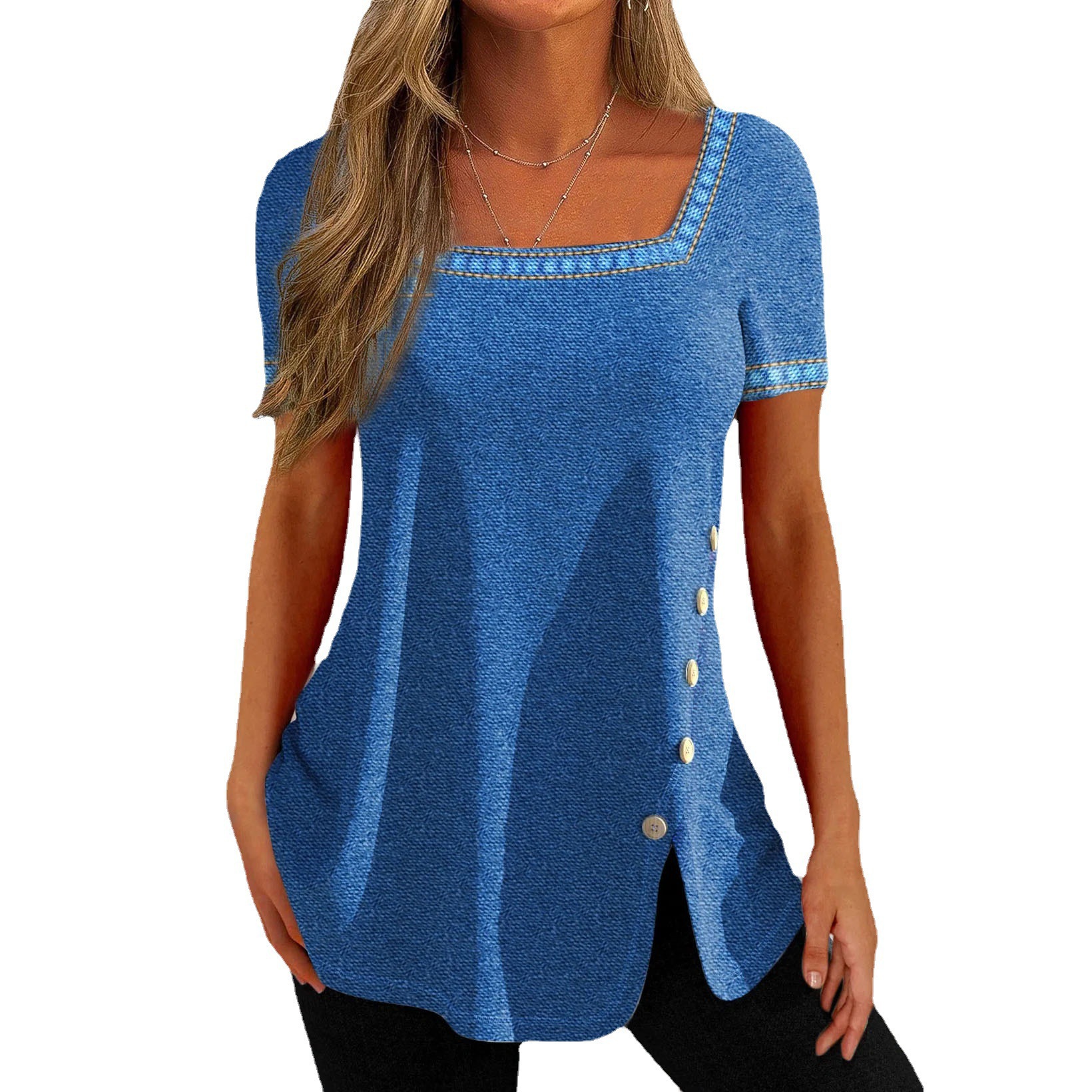 Women's Printed Button Slit Short Sleeve T-Shirt