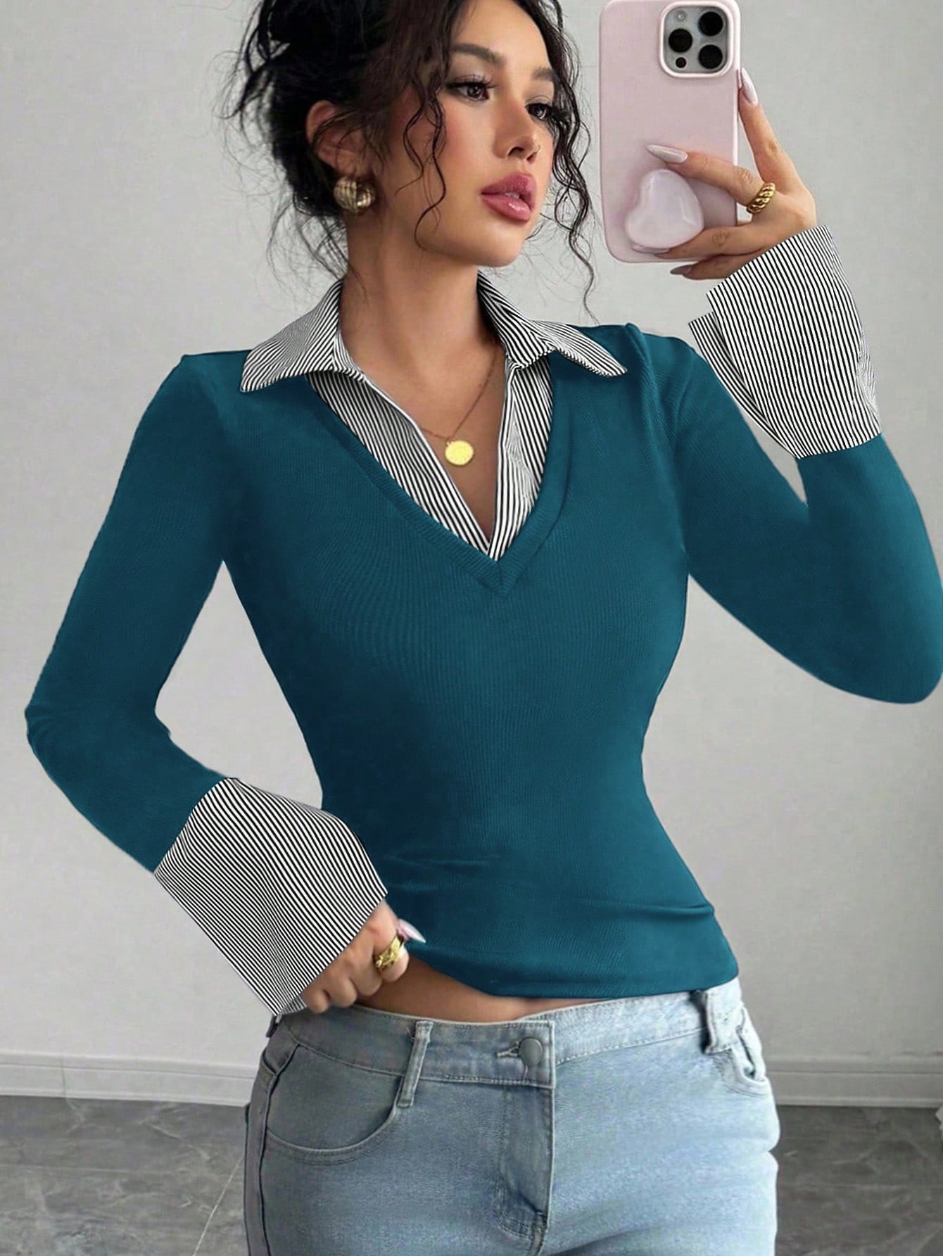 Striped V-Neck Colorblock Flare Top
