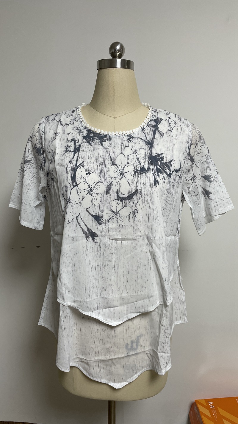 Floral Print Round Neck Asymmetric Short Sleeve Double-Layer Top