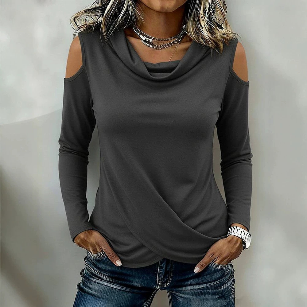 Women's Cowl Neck Cold Shoulder Long Sleeve Cross Hem Slim Fit Top
