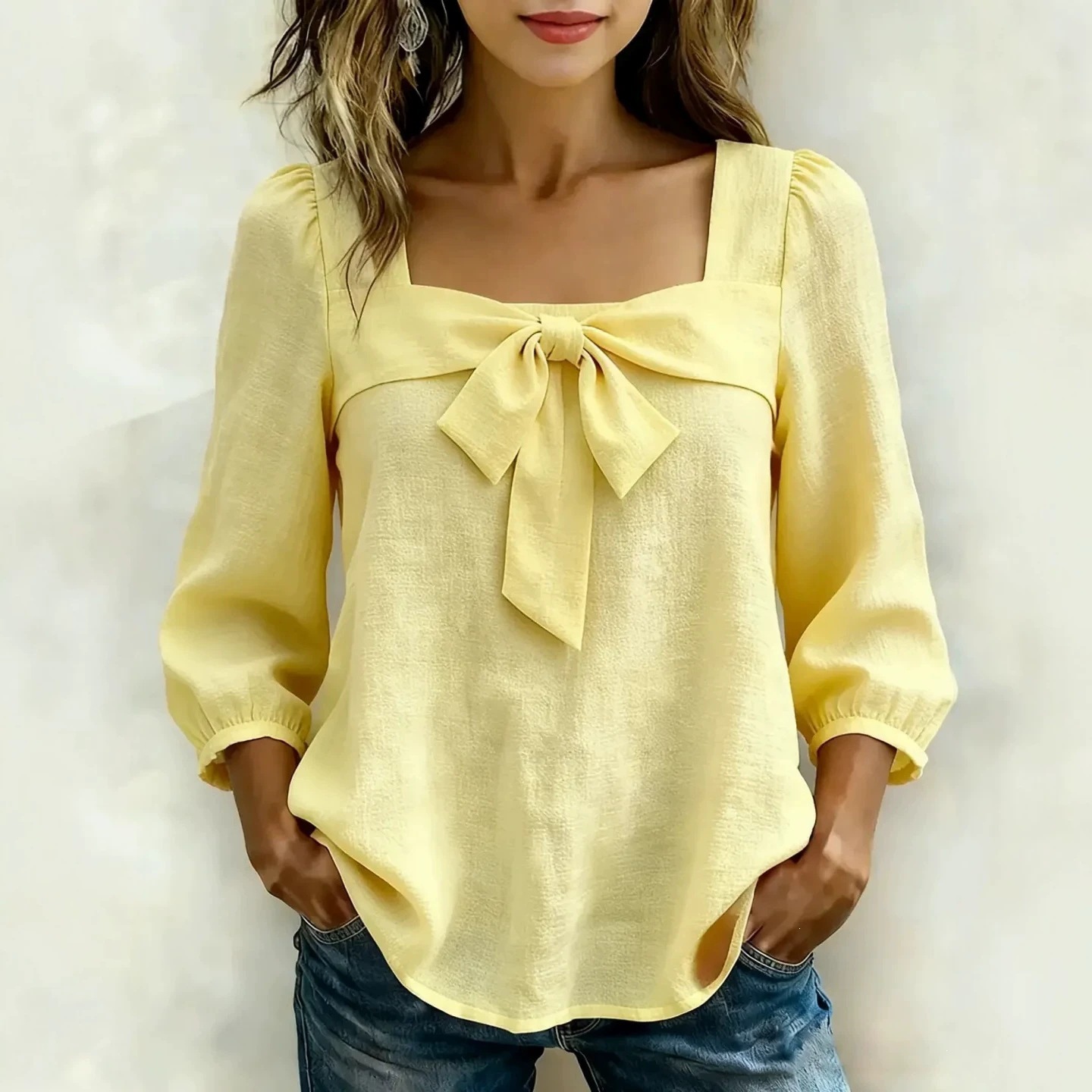 Women's Square Neck Bow Tie Blouse Casual Sweet Top