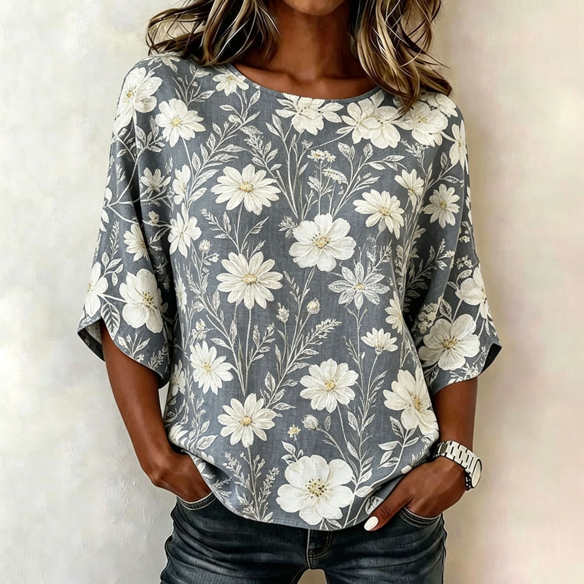 Floral Plaid Print Mid-Sleeve Women's Top