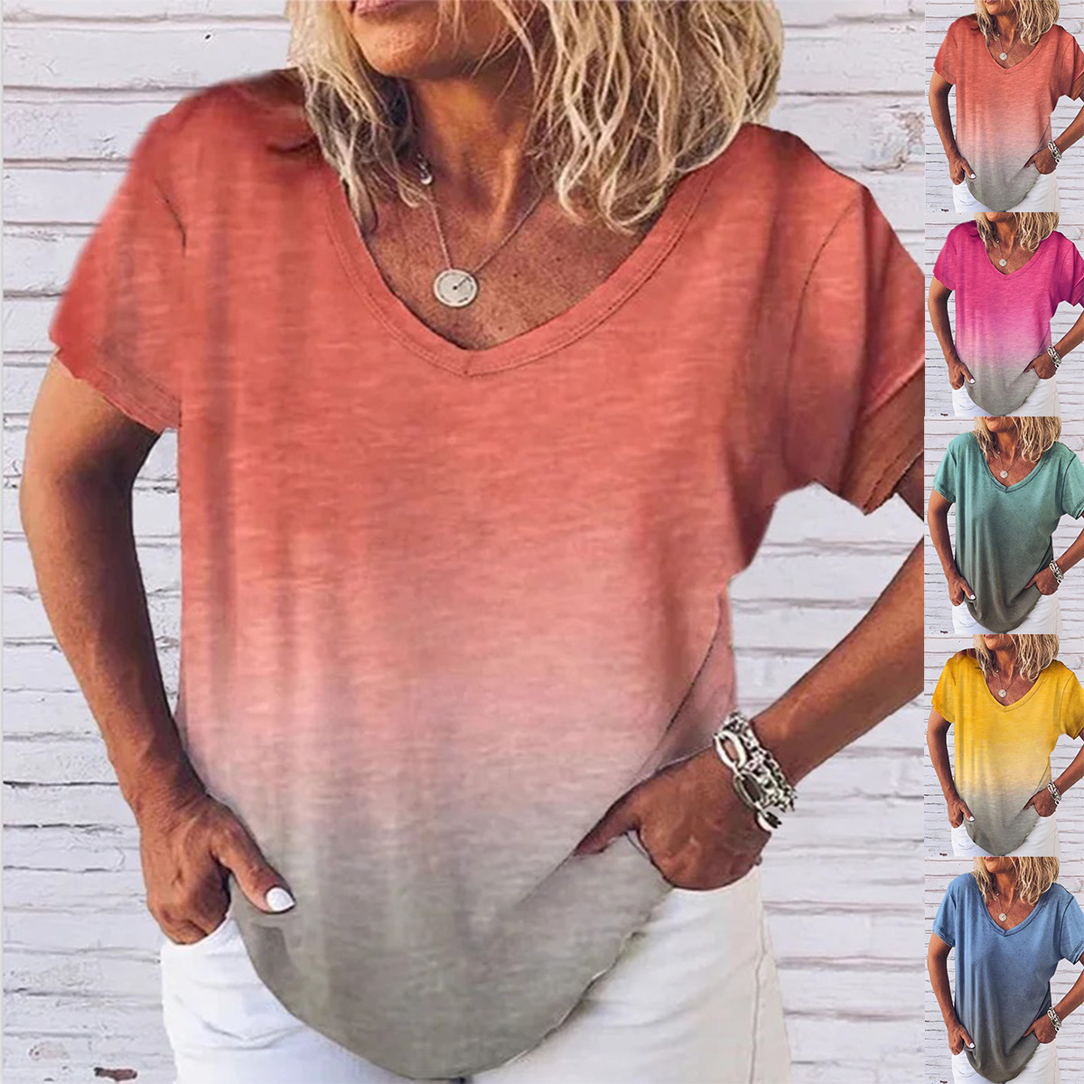 Raw Edge Short Sleeve V-Neck Gradient Print T-Shirt