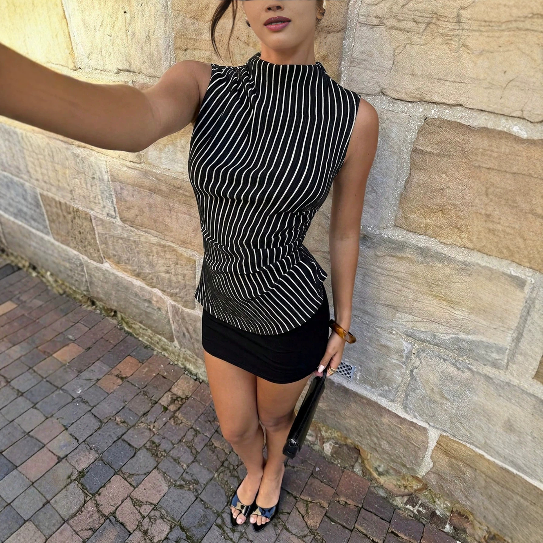 French Striped Halter Sleeveless Top