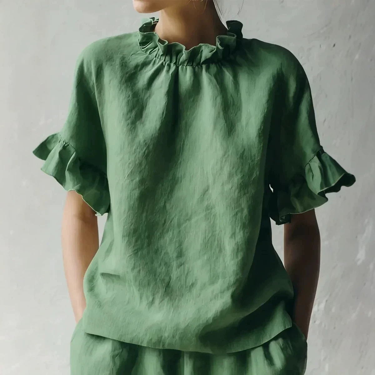 Women's Summer Solid Color Ruffle Short Sleeve Loose Casual Top