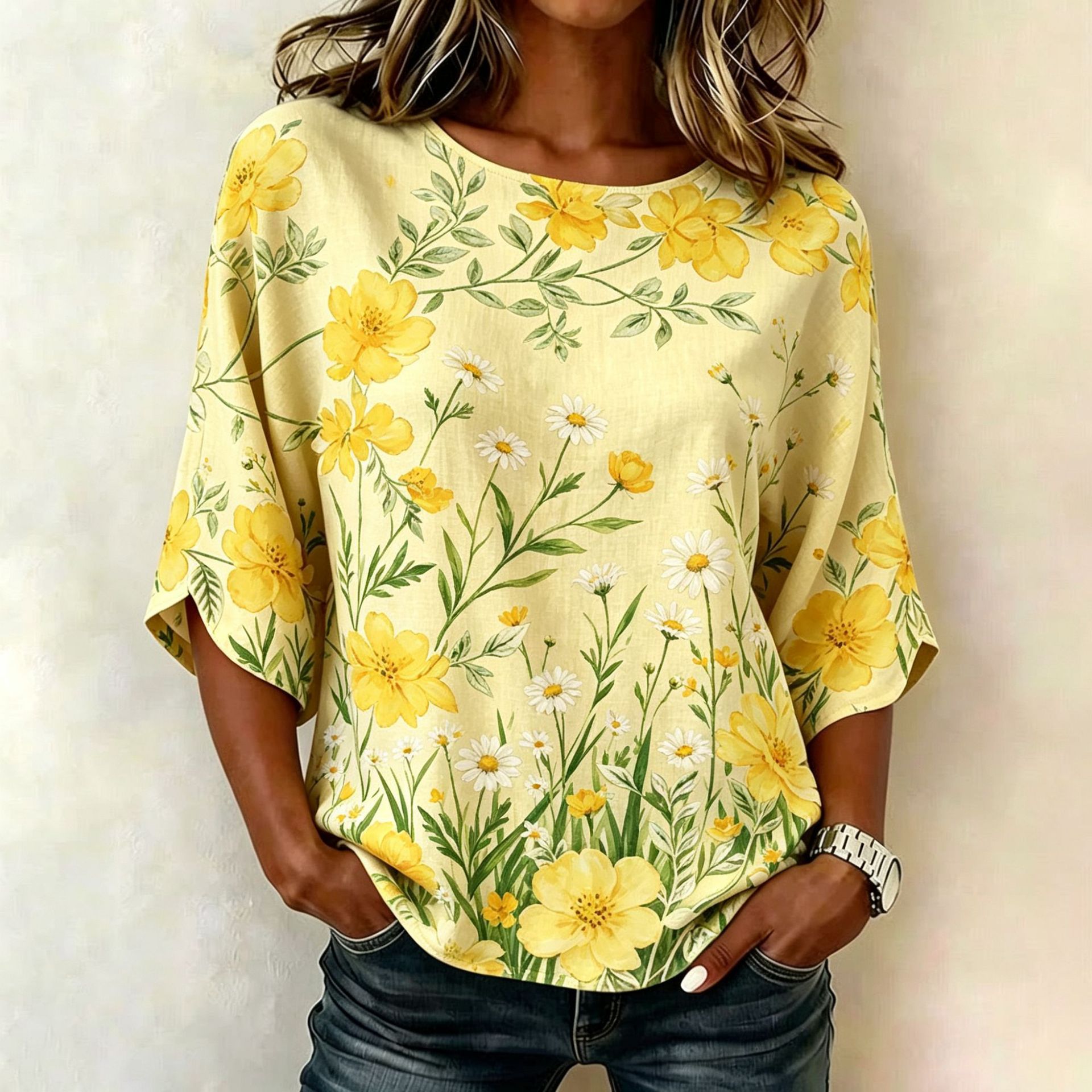 Floral Plaid Print Mid-Sleeve Women's Top