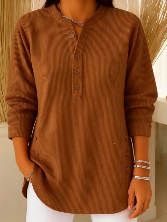 Corduroy V-Neck Button Long-Sleeve Loose Casual Top