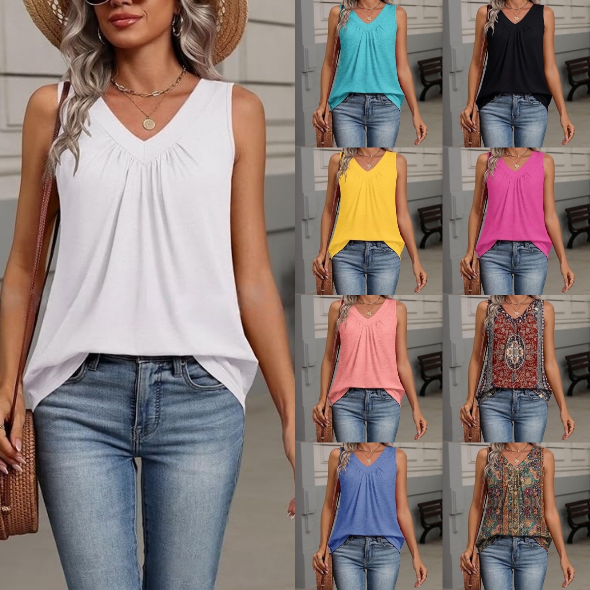 Women's Solid & Print Sleeveless V-Neck Tank Top