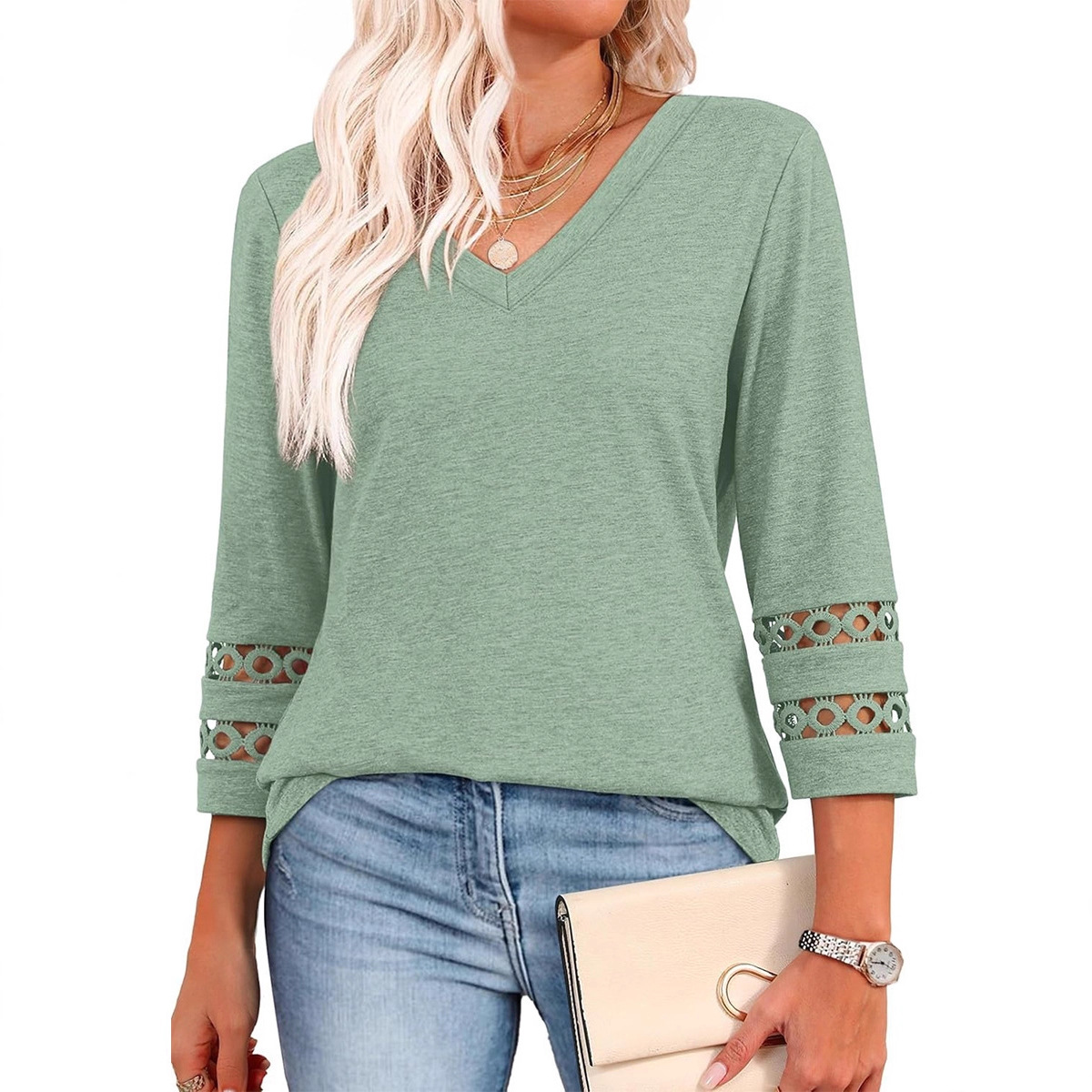 Women's Loose V-Neck 3/4 Sleeve Knit Top with Hollow-Out Detail